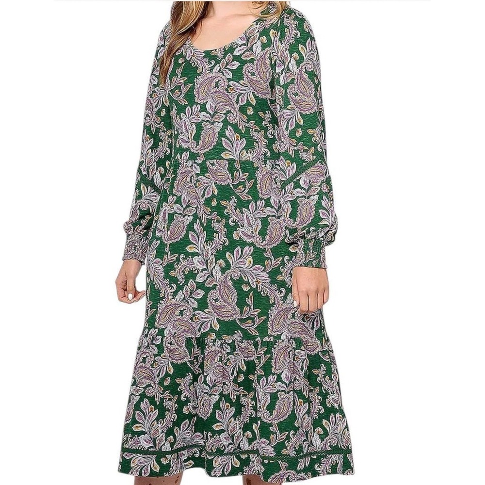 Denim & Co. Canyon Retreat Womens Easy Midi Boot Dress Green Paisley XLT Cottage